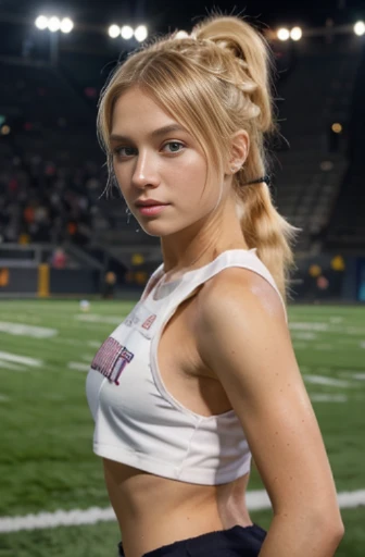 beautiful blonde girl wearing ponytail wearing cheerleader outfit standing on football field best quality (high detailed skin:1. 2) , (best quality:1. 4) , (blemishes:1) , (highly detailed clothes:1) (highly detailed face:1) , (((real hair)))