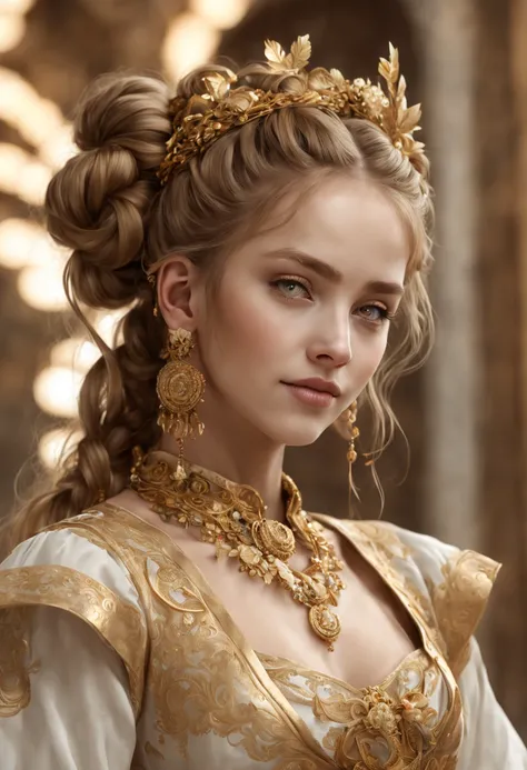 (8k 16k, RAW photo, best quality, master:1.2), (realistic, photo-realistic:1.37), ultra detailed, 1girl,solo, full body shot, rich gold intricate braided hair, hair buns, light gold eyes, realistic, looking at viewer, happy, smile, masterpiece, realistic p...