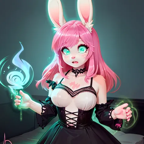 shocked bunny in gothic make up with pink fur long Pink hairs with Blue Highlights and glowing Green eyes wearing gothic clothes looking at her hand while other hand  on her breast there are some traces of magic floating around her she is in a bedroom