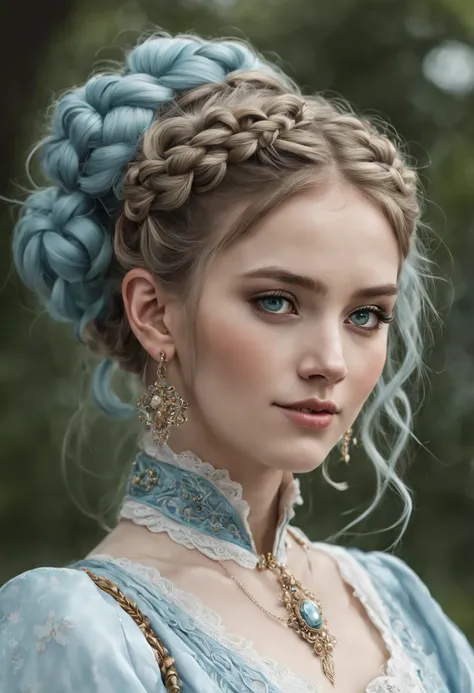 (8k 16k, RAW photo, best quality, master:1.2), (realistic, photo-realistic:1.37), ultra detailed, 1 irish girl, solo, gorgeous and beautiful girl, light blue intricate braided hair, hair buns, light blue eyes, realistic, looking at viewer, happy, smile, ma...