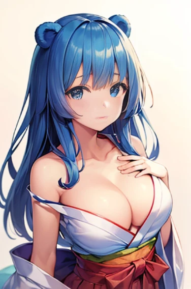 (((highest quality, High resolution, Like Japan cartoons))) ,(((Bear ears,Bear,beastman))),blue eyes, 1 girl, alone, looking at the viewer, blue hair, medium breasts, No bra,closed mouth, clavicle, white kimono, Broken kimono,cleavage,Two-dimensional beaut...