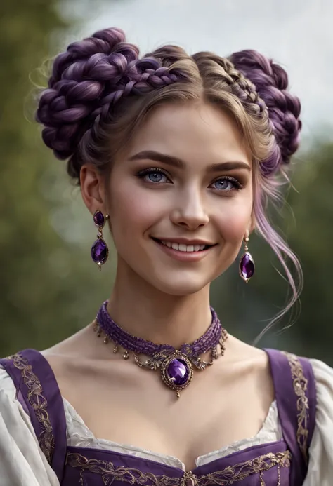 (8k 16k, RAW photo, best quality, master:1.2), (realistic, photo-realistic:1.37), ultra detailed, 1 german girl, solo, gorgeous and beautiful girl, rich purple intricate braided hair, hair buns, light purple eyes, realistic, looking at viewer, happy, smile...