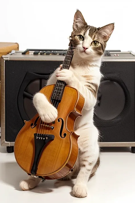 Cute cat playing a musical instrument, full length, on a white background. high detail, Very good quality, realistically