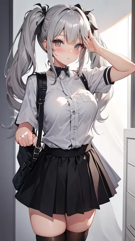 gray hair　twin tails　Tsundere　gossiper　Saluting