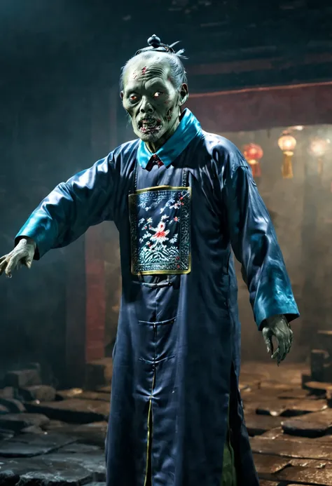 A terrifying Qing Dynasty zombie stands at the center with arms stretched out at a 90-degree angle, Stare forward fiercely. zombie装饰havezombie_have, The dimly lit environment depicts the faint glow of the town. ((actual))),((masterpiece), (best quality), 超...