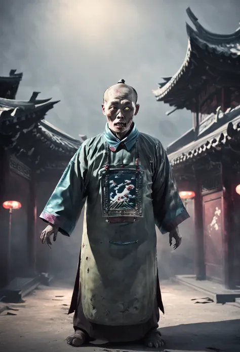 A terrifying Qing Dynasty zombie stands at the center with arms stretched out at a 90-degree angle, Stare forward fiercely. zombie装饰havezombie_have, The dimly lit environment depicts the faint glow of the town. ((actual))),((masterpiece), (best quality), 超...