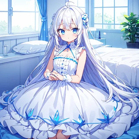 Beautiful girl, white hair, long ahoge, blue eyes, short height, white dress, bed