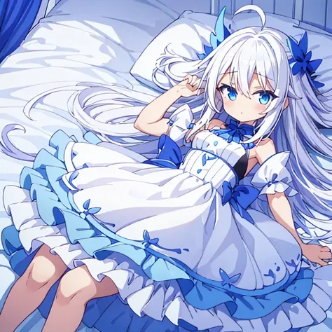 Beautiful girl, white hair, long ahoge, blue eyes, short height, white dress, bed