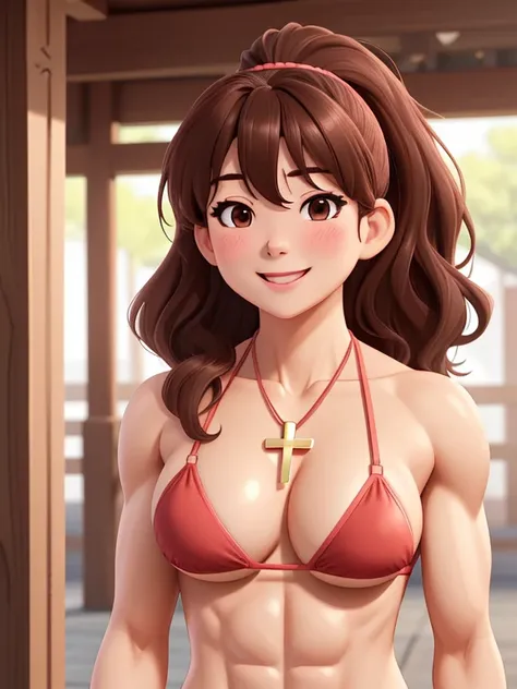 attractive korean woman, ripped muscle, muscular body, small breast, pale skin, smile(blush), bikini, cross necklace, sixpack abs, [ultra detailed skin:1.2], brown hair, wavy hair, 8k uhd, pussy, full body, crowd, public, temple, standing,