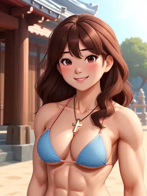 attractive korean woman, ripped muscle, muscular body, small breast, pale skin, smile(blush), bikini, cross necklace, sixpack abs, [ultra detailed skin:1.2], brown hair, wavy hair, 8k uhd, pussy, full body, crowd, public, temple, standing,