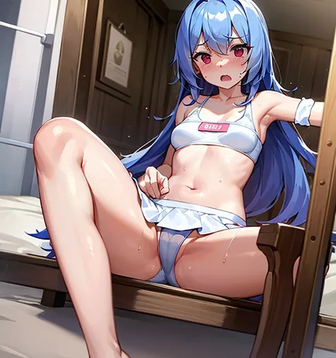 (masterpiece, best quality）a girl，（（spread legs)）），blush，（（Completely pure white bikini）），Sweated a lot，Bikini half-covered，small breasts，Lying on a pure white bed，detail，（Completely soaked，completely wet），Awkward，surprise，Extreme shyness，doubt