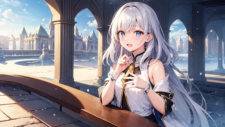 super high quality, with a girl, 20-year-old, very short hair, long bangs between the eyes, pale blue eyes , blue sky, sunlight, very detailed,(masterpiece、highest quality)、alone、gray hair、laughter、White skin as clear as snow、fantasy, silver hair, black ey...