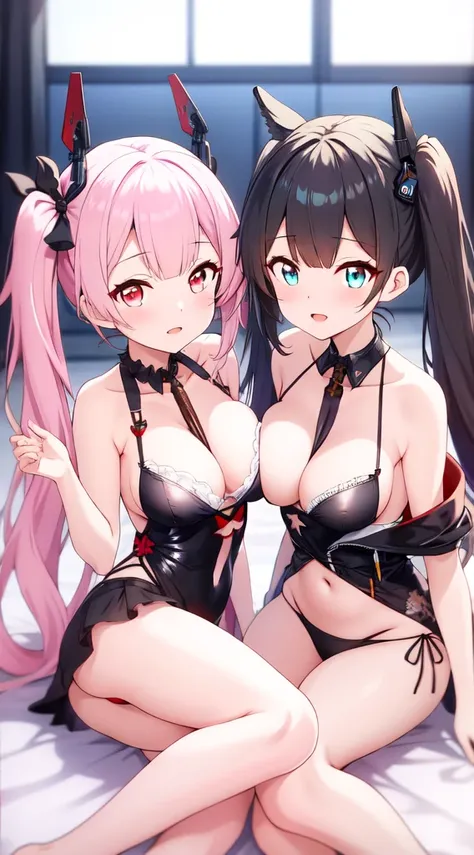 anime characters are posing for a picture in a bed, kantai collection style, azur lane style, fine details. girls frontline, from the azur lane videogame, from girls frontline, girls frontline style, twintails, pink twintail hair and cyan eyes, top rated o...