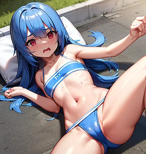 (masterpiece, best quality）a girl，Slobber，Water all over the body，The crotch is very wet，（（Spread your legs completely)））（Raise your legs high），blush，（（Completely pure white bikini）），Sweated a lot，Bikini half-covered，small breasts，Lying on a pure white bed...