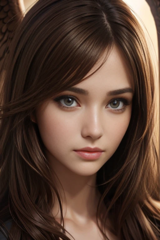 photo realistic woman, woman brown eyes, brown hair, ultrahd, surrealistic style, angel, detailed face  