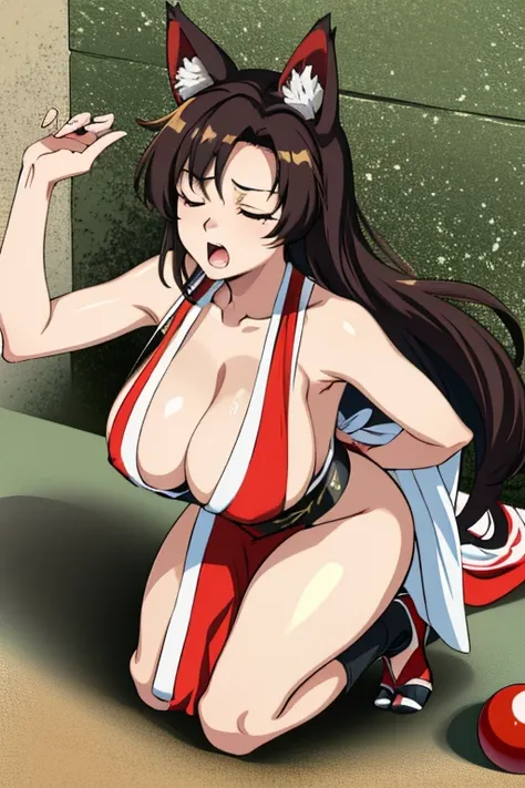 masterpiece, high resolution, best quality, beautiful art, 1 woman, solo, Imaizumi kagerou, wolf ears and wolf tail, big breasted, cleavage, mature woman, cosplaying as Mai Shiranui, alluring body, sexy red japanese clothes, full body, ryona, in peril, she...