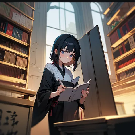 reading while standing、Japanese beauty、black hair、lightly dressed、bookstore