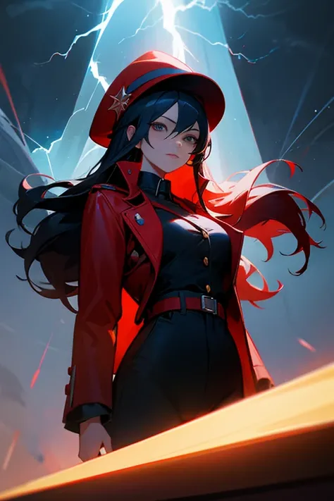 (realistic:0.2), anime illustration, 1girl,, red coat, big red hat, in paris france, sfw, black pants, black office shirt,, carmen sandiego,, blue sky,, long hair,, dramatic lightning, lights, epic lights, light on face, backlit, face light, lit face, fill...