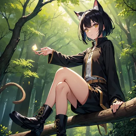 ((high resolution))、((high quality))、solo、short black hair、cat ear、(golden eyes)、(juvenile)、magicianのローブ、knee-length trousers、bo...