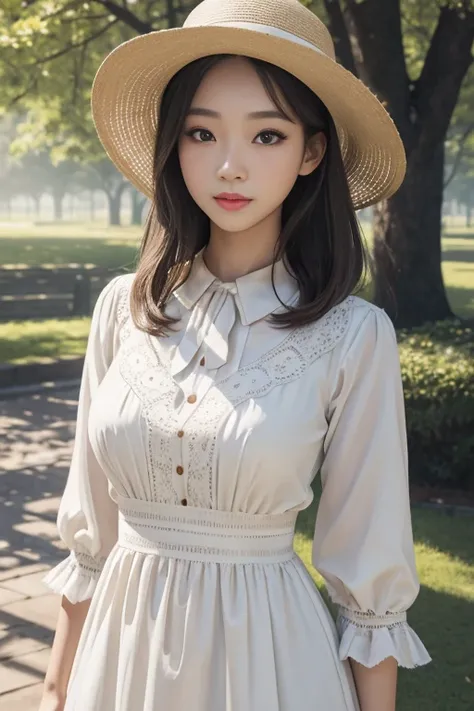 (a girl wearing) white summer dress, (detailed and expressive face with) beautiful, detailed eyes, (and) lips, (long) eyelashes, Korean Doll, (standing) in a park, (captured in an) 8k RAW photo, (delivering) the best quality, (resulting in a) masterpiece:1...