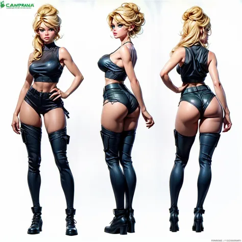 character sheet, front view, side view, view from back, ((masterpiece)),(((best quality))),((character design sheet)),  ((flat color, plain color)),concept, poses, masterpiece, best quality, highres, bbardot as apocalypse mercenary female, (blonde hair:1.2...