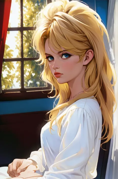 a Realistic Full Portrait of a bbardot woman with long blonde hair and dark eye makeup, Beautiful, Detailed face, Perfect Eyes, (highly detailed skin:1.1), ((wearing a white shirt)), sitting on a bed, window, curtains waving, sunny sky outside the window, ...