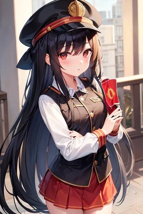 Can you make a girl with long black hair, with brown eyes with a communist uniformand a communist background
