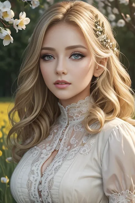 (masterpiece:1.2), (best quality:1.2), perfect eyes, perfect face, perfect lighting, 1girl, mature female in a field, medium blond hair, curly hair, detailed clothes, detailed outdoor background, makeup, eyeshadow, thick eyelashes, fantasy, looking at the ...