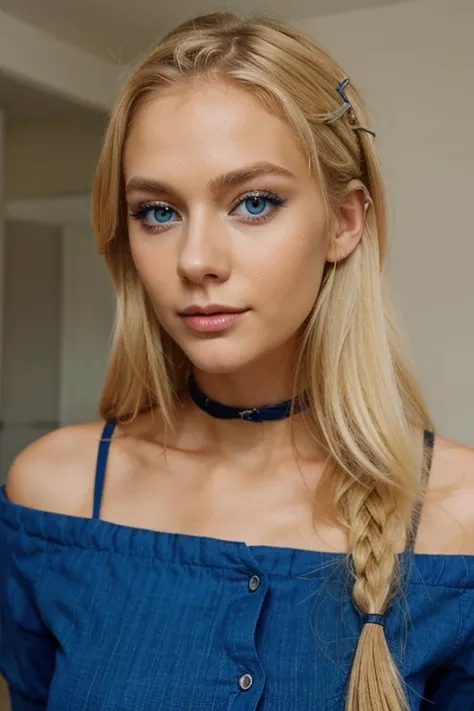 cute swedish woman with blonde hair and blue eyes. With makeup