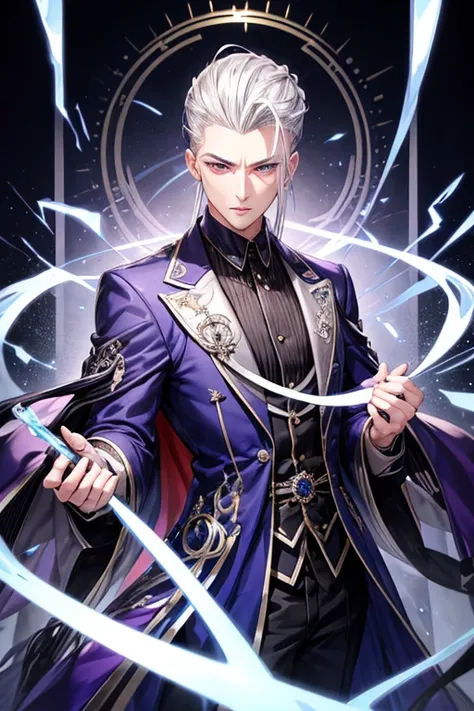 hair style with all hair slicked back、odd eye、silver hair all back、male、hair is long to the shoulders、odd eye、maleの左目赤色、male右目青、Purple coat、increase wide angle、clear eyes、Thunder Magic Circle