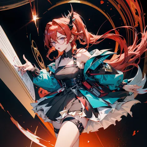 Anime girl, red hair, high ponytail, one white streak of hair in the front, crystal hair band , ((glasses)), librarian dress, shoulder pads that look like wings, color palette red gold and teal, books