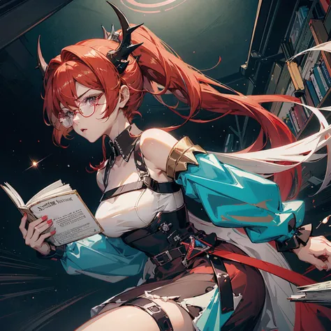 Anime girl, red hair, high ponytail, one white streak of hair in the front, crystal hair band , ((glasses)), librarian dress, shoulder pads that look like wings, color palette red gold and teal, books