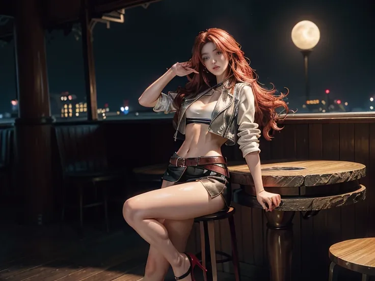 30 year old beautiful and charming woman, 173cm height, Long red hair reaching waist。 Small white low-cut vest, The tight black leather jacket hugged her curvy figure, Super mini skirt highlights charming silhouette. Standing elegantly in high heels on a q...