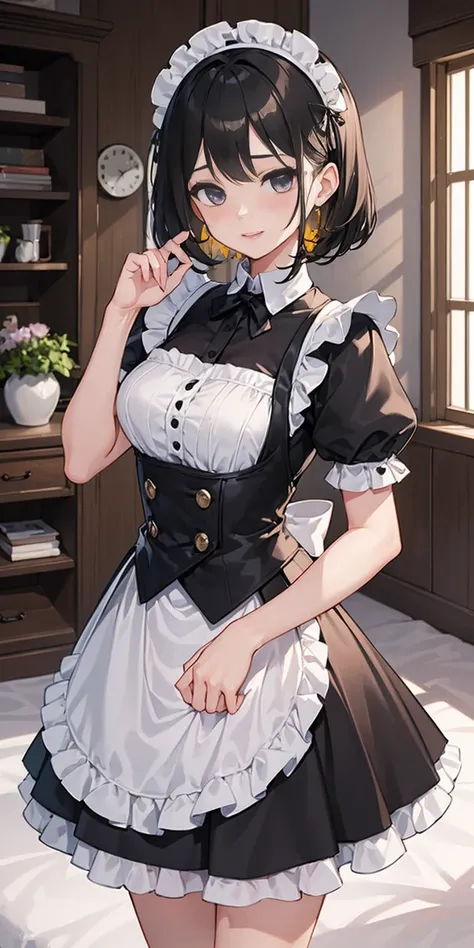 1girl, cute, ((short black hair girl and long blonde hair girl)), maid victorian, maid apron, straight face, dazed, body positio...