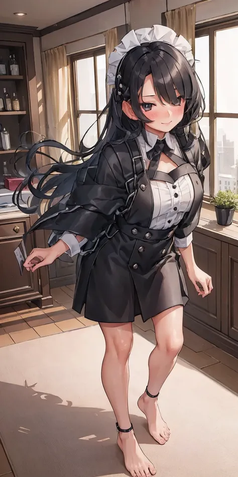 1girl, cute, ((Short black hair girl and long blonde hair girl)), maid victorian, maid apron, straight face, dazed, Body position: Standing, straight, symmetrical, barefoot, Lustful smile on face with red blush,
