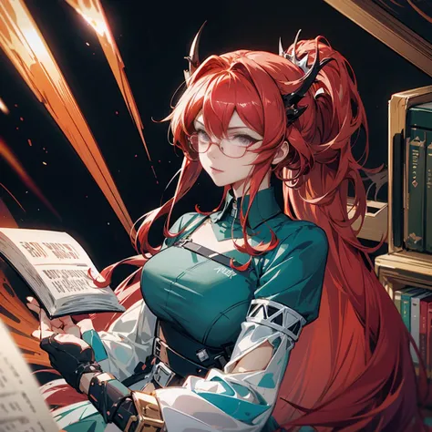 Anime girl, red hair, high ponytail, one white streak of hair in the front, crystal hair band , ((glasses)), librarian dress, shoulder pads that look like wings, color palette red gold and teal, books