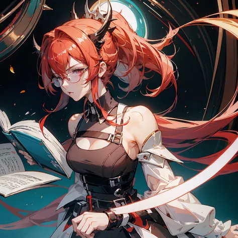 Anime girl, red hair, high ponytail, one white streak of hair in the front, crystal hair band , ((glasses)), librarian dress, shoulder pads that look like wings, color palette red gold and teal, books