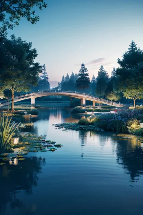 (high quality,realistic,photo-realistic:1.37),colored line drawing,tranquil night sky reflecting on calm lake water,colored pencils,water lily,bridge,highly detailed painting