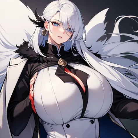  with a colossal chest of white hair with black coat and heart eyes 