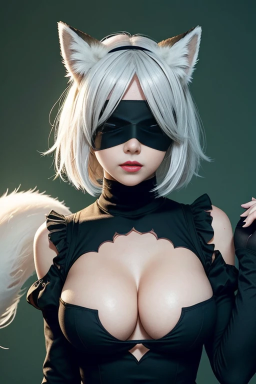 1girl, wlop, (blindfold), breasts, cleavage, cleavage cutout, dress cutout, green background, hair between eyes, headband, high resolution, juliet sleeves, long sleeves, nier (series), nier automata, fluffy sleeves, red lips, shadow face, short hair, solo,...