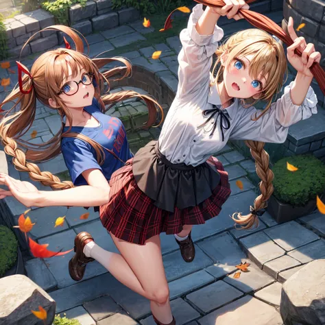 reddish-brown blonde、blue hair、blue eyes、Braid、one good looking girl、solo、anime、Plaid miniskirt、camisole、black t-shirt、Tilting your face、Doing the ribbon、Ribbon at waist、sunset sky、stone stairs、tunnel、Fallen leaves、wearing glasses、Burning、Light and shadow、...