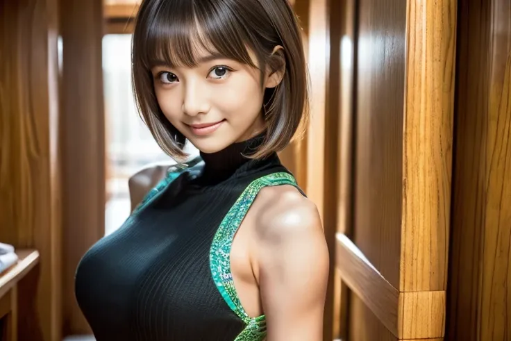 Echiechi, Constricted body, Rumor, adult woman, 20th generation, beautiful detailed eyes, short bob hair, clavicle, best quality, masterpiece, Layer Bob Hair, Moist eyes, Pixie Cut, Awesome pose, long eyes, brown eyes, brown eyes, smile, smiling, real, glo...