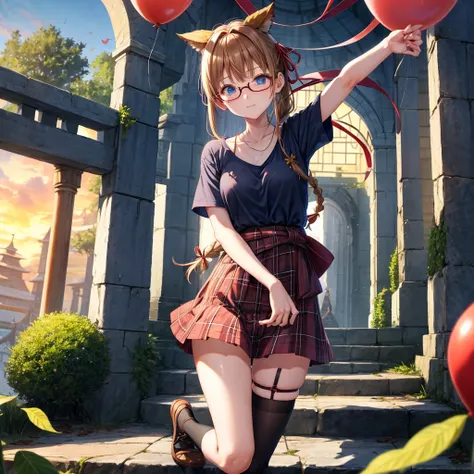 reddish-brown blonde、blue hair、blue eyes、Braid、one good looking girl、solo、anime、Plaid miniskirt、camisole、black t-shirt、Tilting your face、Doing the ribbon、Ribbon at waist、sunset sky、stone stairs、tunnel、Fallen leaves、wearing glasses、Burning、Light and shadow、...