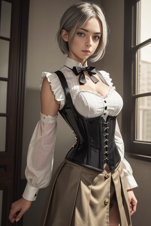 (nude, naked), Girls, gray-haired, short-haired, yellow-eyed, small breasts, cat hair ornament, sidelocks, gray-haired, shiny hair, uniform, (golden eyes: 1.2), (two long triangular extensions on the skirt, vest corset on the stomach), white buttons of the...