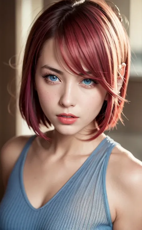 best quality, ultra high res, (photorealistic:1.4), (detailed beautiful girl:1.4), (medium breasts:0.8), looking_at_viewer, Detailed facial details, beautiful detailed eyes,pink hair, blue eyes, slender, haunting smile, (makeup:0.3), red lips, highly detai...