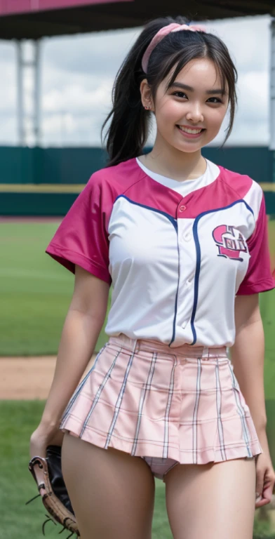 （8ก、Raw photoy、Highest quality、Masterpiece：1.2),(black hair、Ponytail:1.7),show viewer,Look ahead..,erotic,白いskin,(Wear a pink and white baseball uniform.:1.6)、(Clothes that emphasize the shape of your breasts、Publish one&#39;skin:1.5)、(big :1.3)、Slim shape...