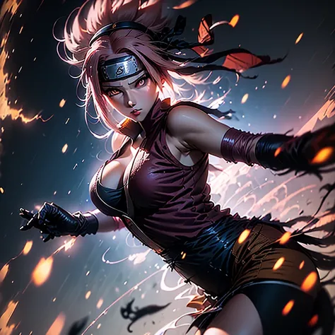 Sakura from Naruto Shippuden, known for her determination and healing abilities, is a young woman with a fiery spirit. At 25 years old, she possesses long, flowing pink hair and expressive, deep-set brown eyes. Dressed in her signature ninja attire, she do...