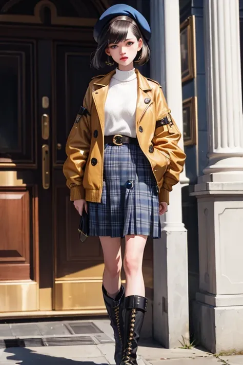 fashion designer、,brunette,black hair,bob cut,beret,european,slender body shape,tall,Gold Button,colorful jacket,hair partially dyed blue,Tartan checked skirt,Leather Boots,atelier,20s,woman、UK punk,fantasy style arrangement