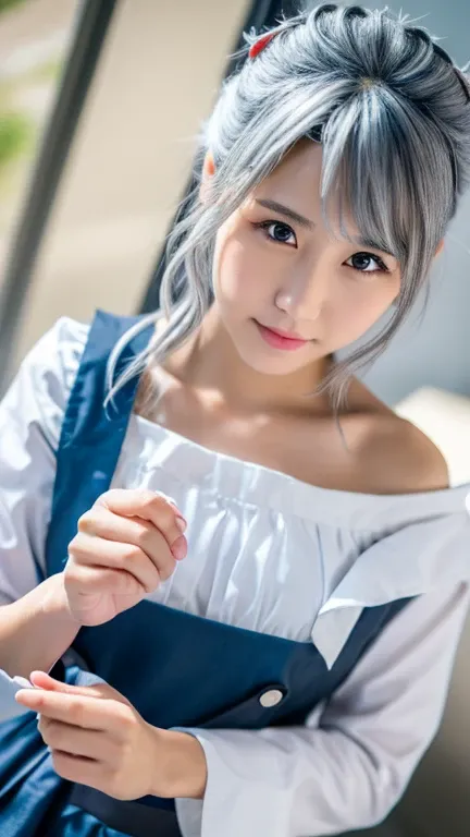 ((16 Nights Sakiya)), ((desire to project)), cosplay, 20 year old female, (((gray hair)), ((medium spiky hair)), ((blue maid uniform)), ((white blouse)), mid chest, (light)))), (Pause))), (realistic photo: 1.3), rim lighting, (high detail skin:1.2), 8K UHD...