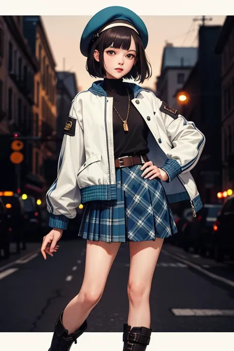 brunette,black hair,bob cut,beret,european,slender body shape,tall,colorful jacket,hair partially dyed blue,Tartan checked skirt,Leather Boots,atelier,20s,woman